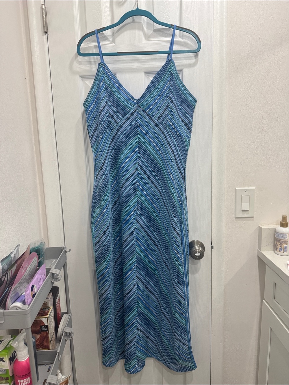 NWT- Blue Striped V-Neck crocheted with blue Slip Dress